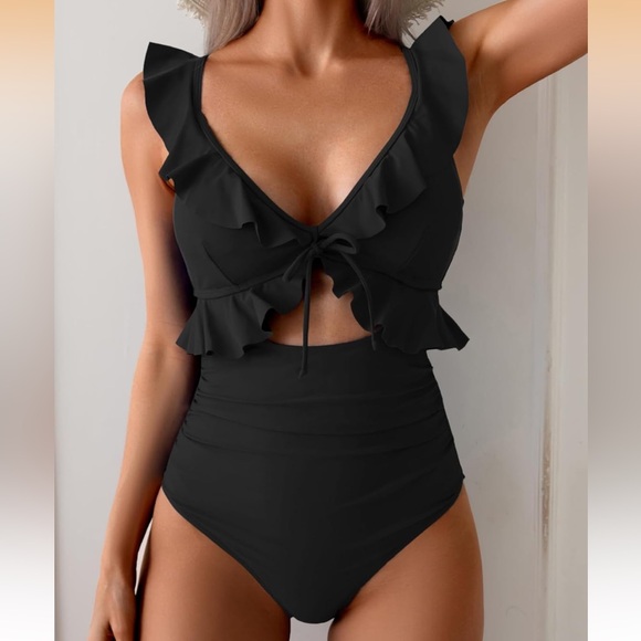 Eomenie Other - NWOT One Piece Tummy Control Ruffle V Neck Ruched Slimming Cutout Swimsuit Black